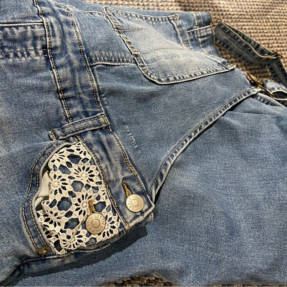 Justice lace embellished overalls. Size 18 MidRise Super Skinny. Distressed/lace - Picture 10 of 11